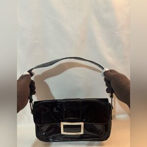 Alfani Glossy Black Shoulder Bag with Silver Accent